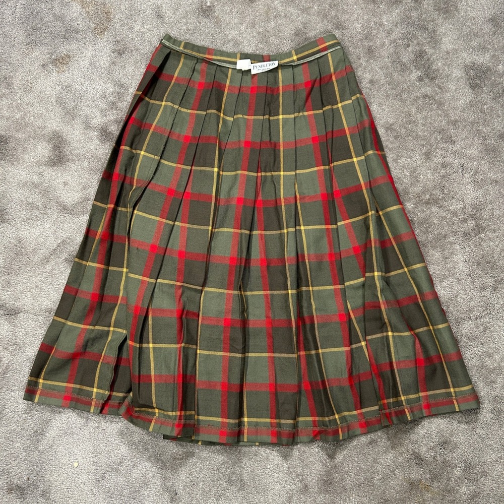 Pendleton Skirt Wns PETITE 12 Green Red TARTAN Plaid Pleated Wool Midi Vintage